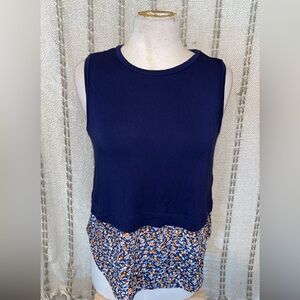 Michael Kors Navy Blue Tank Top with Floral Hem